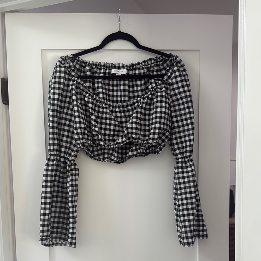 Top Shop Black and White Puff Sleeve Crop Blouse